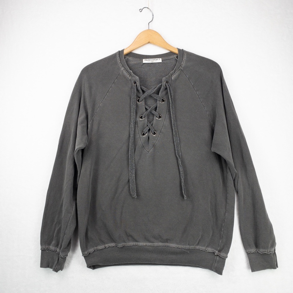 Project Social T Sweatshirt Womens XS Gray Lace up Front Distressed Style